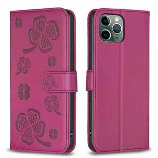 For iPhone 11 Pro Max Four-leaf Embossed Leather Phone Case(Rose Red)