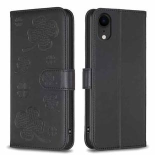 For iPhone XR Four-leaf Embossed Leather Phone Case(Black)