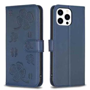 For iPhone 14 Pro Max Four-leaf Embossed Leather Phone Case(Blue)
