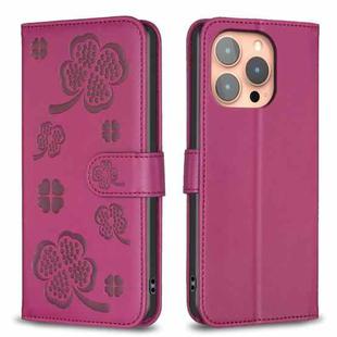 For iPhone 16 Pro Max Four-leaf Embossed Leather Phone Case(Rose Red)