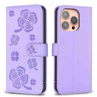 For iPhone 16 Pro Max Four-leaf Embossed Leather Phone Case(Purple)