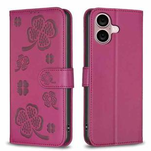 For iPhone 16 Plus Four-leaf Embossed Leather Phone Case(Rose Red)