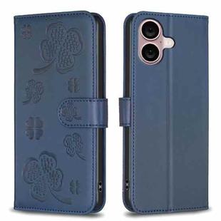 For iPhone 16 Plus Four-leaf Embossed Leather Phone Case(Blue)