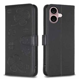 For iPhone 16 Plus Four-leaf Embossed Leather Phone Case(Black)