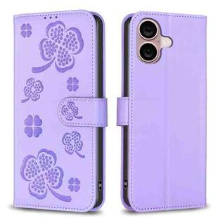 For iPhone 16 Plus Four-leaf Embossed Leather Phone Case(Purple)
