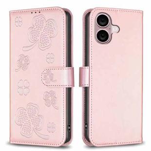For iPhone 16 Plus Four-leaf Embossed Leather Phone Case(Pink)
