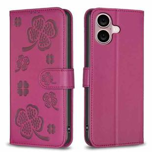 For iPhone 16 Four-leaf Embossed Leather Phone Case(Rose Red)