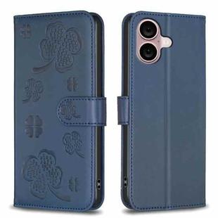 For iPhone 16 Four-leaf Embossed Leather Phone Case(Blue)