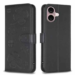 For iPhone 16 Four-leaf Embossed Leather Phone Case(Black)