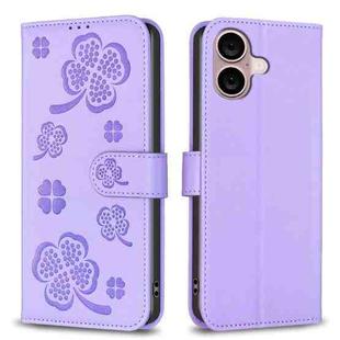 For iPhone 16 Four-leaf Embossed Leather Phone Case(Purple)