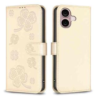 For iPhone 16 Four-leaf Embossed Leather Phone Case(Gold)