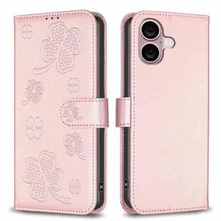 For iPhone 16 Four-leaf Embossed Leather Phone Case(Pink)