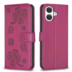 For iPhone 17 Four-leaf Embossed Leather Phone Case(Rose Red)