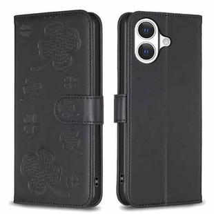 For iPhone 17 Four-leaf Embossed Leather Phone Case(Black)