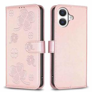 For iPhone 17 Four-leaf Embossed Leather Phone Case(Pink)