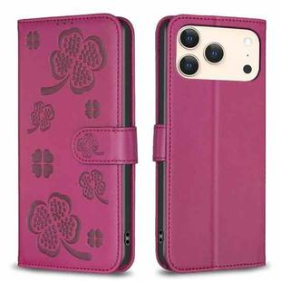 For iPhone 17 Pro Max Four-leaf Embossed Leather Phone Case(Rose Red)