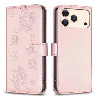 For iPhone 17 Pro Max Four-leaf Embossed Leather Phone Case(Pink)