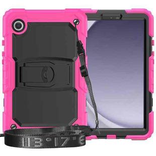 For Samsung Galaxy Tab A9 Silicone Hydric PC Tablet Case with Shoulder Strap & Holder(Rose Red)