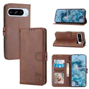 For Google Pixel 9 Pro Embossed Happy Cat Pattern Flip Leather Phone Case(Brown)