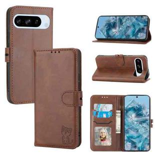 For Google Pixel 9 Embossed Happy Cat Pattern Flip Leather Phone Case(Brown)