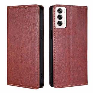 For OPPO Reno12 5G Global Gloss Oil Solid Color Magnetic Leather Phone Case(Brown)