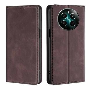 For Realme 12+ 5G Skin Feel Magnetic Leather Phone Case(Dark Brown)