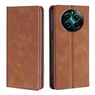 For Realme 12+ 5G Skin Feel Magnetic Leather Phone Case(Light Brown)