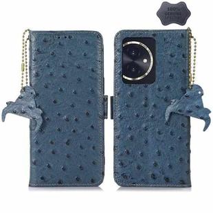 For Honor 100 5G Ostrich Pattern Genuine Leather RFID Phone Case(Blue)