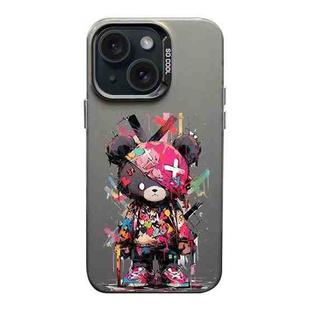 For iPhone 15 Plus Color Ink Frosted PC+TPU Phone Case(Black Bear)