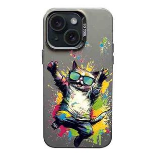 For iPhone 15 Plus Color Ink Frosted PC+TPU Phone Case(Glasses Cat)