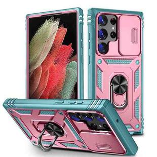 For Samsung Galaxy S24 Ultra 5G Sliding Camshield TPU + PC Phone Case with Holder(Pink+Green)