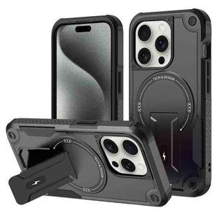 For iPhone 15 Pro Max Armor Magsafe Holder PC Hybrid TPU Phone Case(Black)