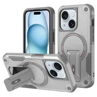 For iPhone 15 Armor Magsafe Holder PC Hybrid TPU Phone Case(Grey)