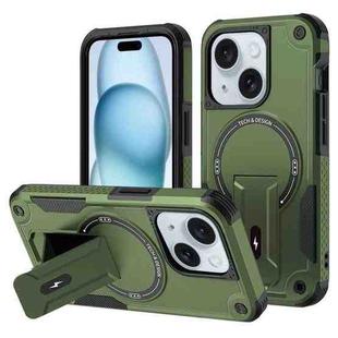 For iPhone 15 Armor Magsafe Holder PC Hybrid TPU Phone Case(Army Green)