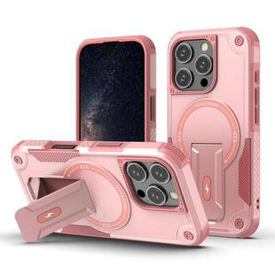 For iPhone 16 Pro Armor Magsafe Holder PC Hybrid TPU Phone Case(Pink)