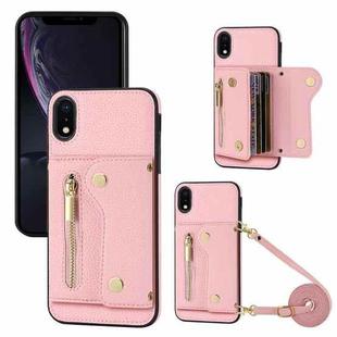 For iPhone XR DF-09 Crossbody Litchi texture Card Bag Design PU Phone Case(Pink)