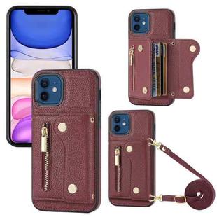 For iPhone 11 DF-09 Crossbody Litchi texture Card Bag Design PU Phone Case(Wine Red)