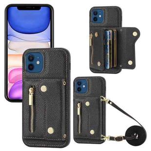 For iPhone 11 DF-09 Crossbody Litchi texture Card Bag Design PU Phone Case(Black)