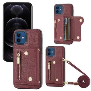 For iPhone 12 / 12 Pro DF-09 Crossbody Litchi texture Card Bag Design PU Phone Case(Wine Red)