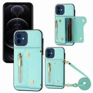 For iPhone 12 / 12 Pro DF-09 Crossbody Litchi texture Card Bag Design PU Phone Case(Cyan)