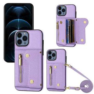 For iPhone 12 Pro Max DF-09 Crossbody Litchi texture Card Bag Design PU Phone Case(Purple)