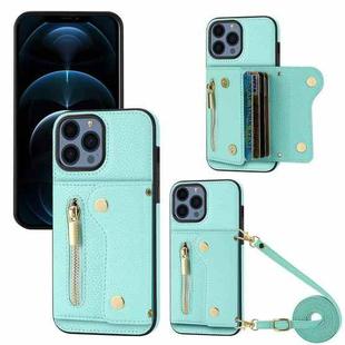 For iPhone 12 Pro Max DF-09 Crossbody Litchi texture Card Bag Design PU Phone Case(Cyan)