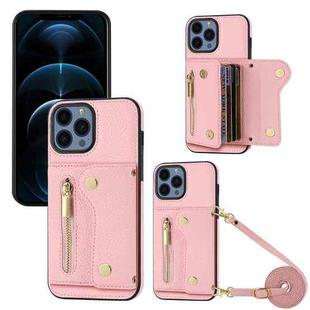 For iPhone 12 Pro Max DF-09 Crossbody Litchi texture Card Bag Design PU Phone Case(Pink)