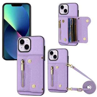 For iPhone 13 DF-09 Crossbody Litchi texture Card Bag Design PU Phone Case(Purple)