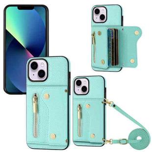 For iPhone 13 DF-09 Crossbody Litchi texture Card Bag Design PU Phone Case(Cyan)