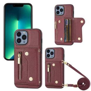 For iPhone 13 Pro Max DF-09 Crossbody Litchi texture Card Bag Design PU Phone Case(Wine Red)