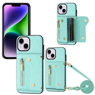 For iPhone 14 Plus / 15 Plus DF-09 Crossbody Litchi texture Card Bag Design PU Phone Case(Cyan)
