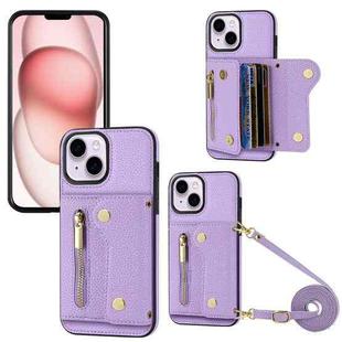 For iPhone 15 DF-09 Crossbody Litchi texture Card Bag Design PU Phone Case(Purple)