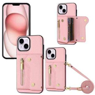 For iPhone 15 DF-09 Crossbody Litchi texture Card Bag Design PU Phone Case(Pink)