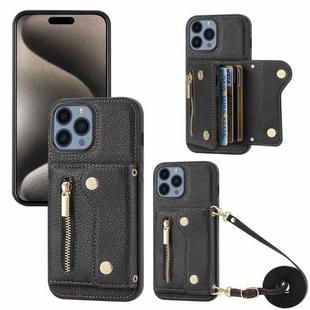 For iPhone 15 Pro DF-09 Crossbody Litchi texture Card Bag Design PU Phone Case(Black)